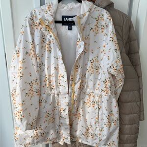 Lands' End Women's White Floral Hooded Rain Jacket 2X (20W-22W)